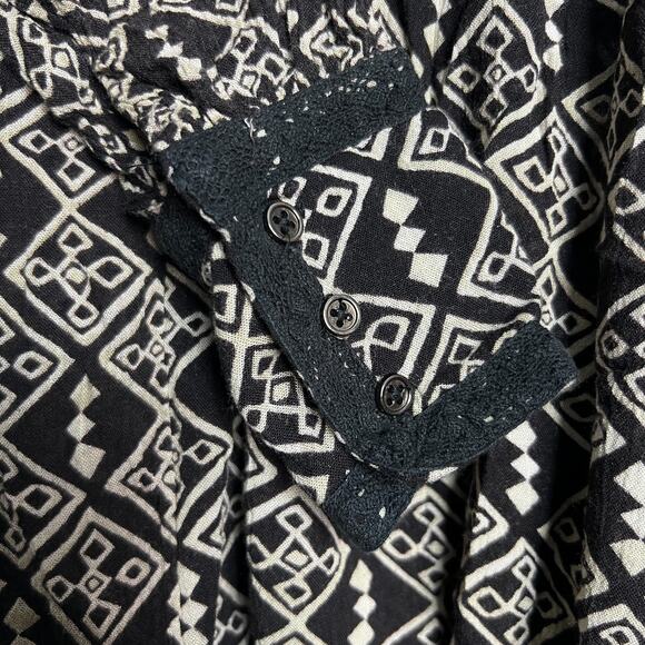 Free People Marlow Size XS Black Cream Boho Swing Dress Peasant Tunic Tie Neck - Picture 8 of 12